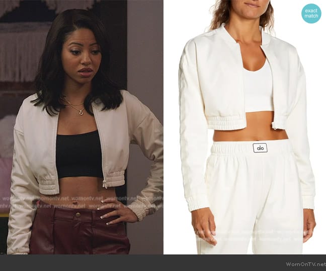 Alo Prizewinner Crop Bomber Jacket worn by Thea (Camille Hyde) on All American Homecoming