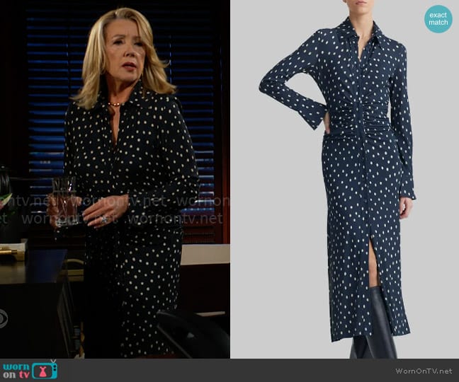 Altuzarra Claudia Polka Dot Gathered Midi Dress worn by Nikki Reed Newman (Melody Thomas-Scott) on The Young and the Restless