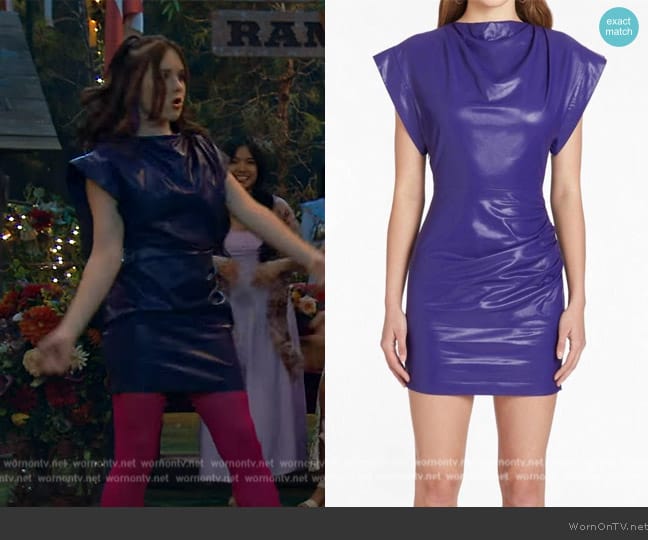 Winnie’s purple leather mini dress on Bunkd