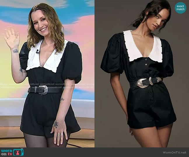 Anthropologie Puff-Sleeve Collared V-Neck Romper worn by Ingrid Michaelson on Today