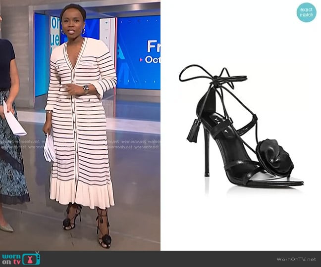 Aqua Flower Ankle Tie High Heel Sandals in Black worn by Zinhle Essamuah on NBC News Daily