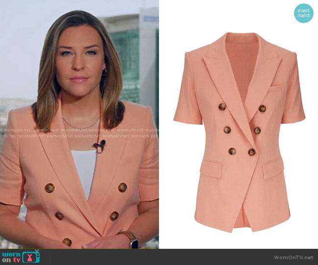 Veronica Beard Atwood Stretch Linen Double-Breasted Jacket in Coral worn by Mary Bruce on Good Morning America