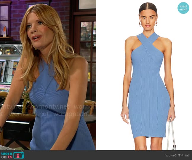 Autumn Cashmere Rib Crisscross Halter Dress in Sapphire worn by Phyllis Summers (Michelle Stafford) on The Young and the Restless