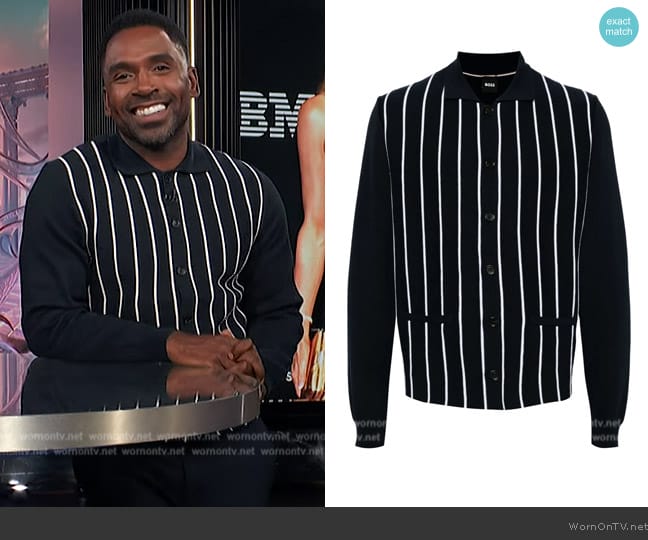 Boss Striped cotton cardigan worn by Justin Sylvester on E! News