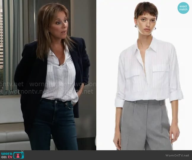 Babaton at Aritzia Utility Shirt in Wd Pnstrp White/Navy worn by Alexis Davis (Nancy Lee Grahn) on General Hospital