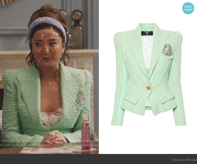 Balmain Jolie Madame tweed blazer worn by Mindy Chen (Ashley Park) on Emily in Paris