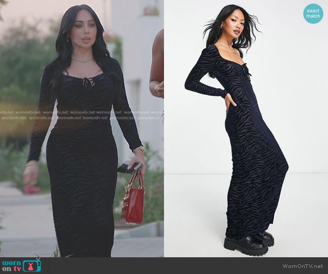 Bershka Zebra Print Mesh Detail Maxi Dress in black worn by Rania (Rania) on The Real Housewives of Dubai