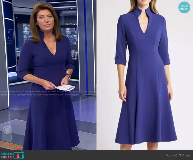 Black Halo Kensington Fit & Flare Midi Dress in Dark Indigo worn by Norah O'Donnell on CBS Evening News