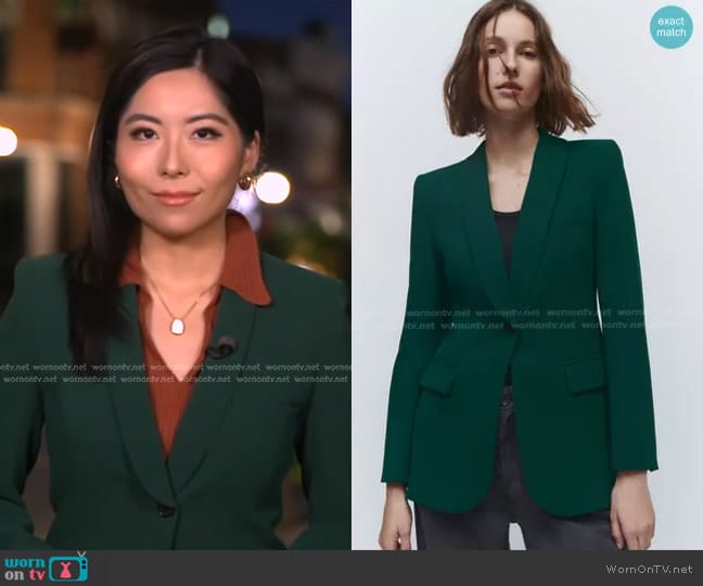 Zara Blazer with Tuxedo Collar in Green worn by Selina Wang on Good Morning America