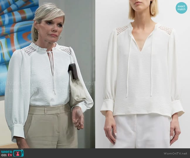 Brochu Walker Tereza Blouson-Sleeve Lace-Inset Crepe Blouse worn by Ava Jerome (Maura West) on General Hospital