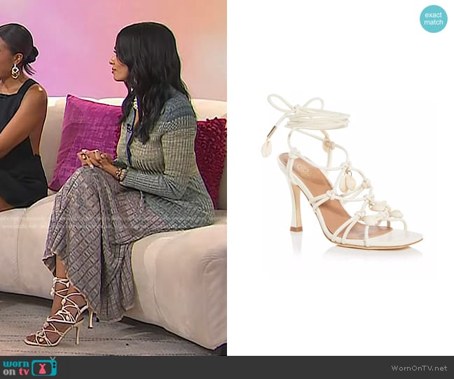 Brother Vellies Shoreline Shell Embellished High Heel Sandals worn by Aurora James on Today