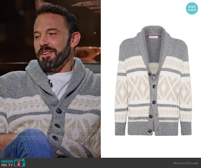 Brunello Cucinelli Nordic Jacquard Cardigan worn by Ben Affleck on Hart to Heart