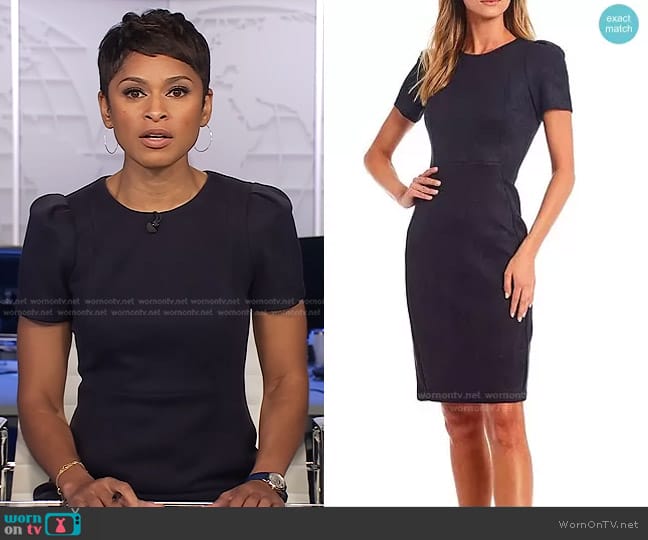 Calvin Klein Scuba Suede Round Neck Short Sleeve Sheath Dress in Navy worn by Jericka Duncan on CBS Evening News