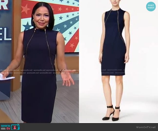 Calvin Klein Mock Neck Zipper Accent Sheath Dress worn by Stephanie Ramos on Good Morning America