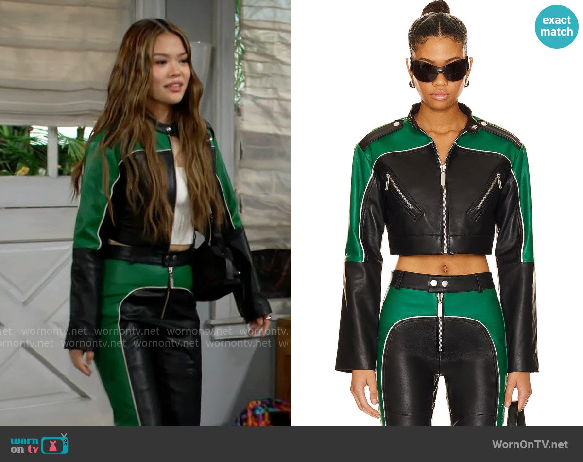 Luna’s green and black leather jacket on The Bold and the Beautiful