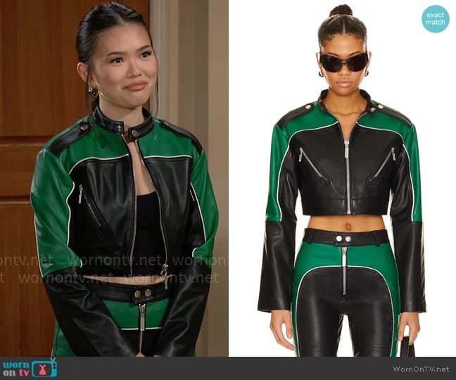 Camila Coelho Cropped Moto Biker Leather Jacket worn by Luna (Lisa Yamada) on The Bold and the Beautiful