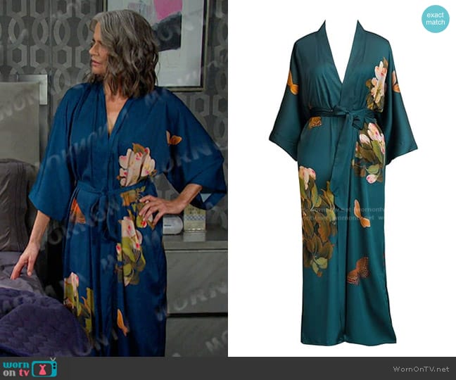 Kim + Ono Charmeuse Kimono in Peony & Butterfly / Vintage Teal worn by Fiona Cook (Serena Scott Thomas) on Days of our Lives