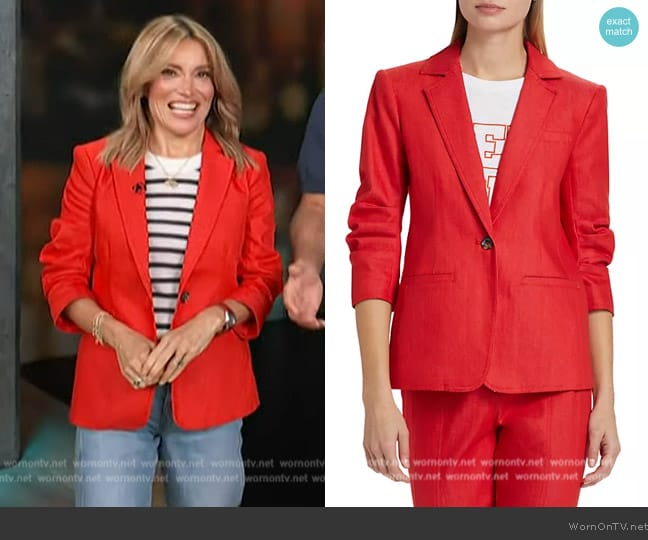 Cinq a Sept Khloe Denim Three-Quarter Sleeve Blazer worn by Kit Hoover on Access Hollywood