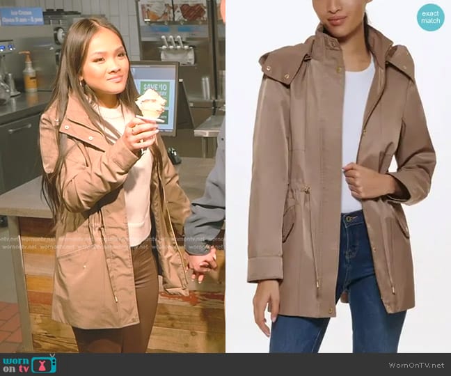 Cole Haan Short Rain Jacket in Truffle worn by Jenn Tran on The Bachelorette