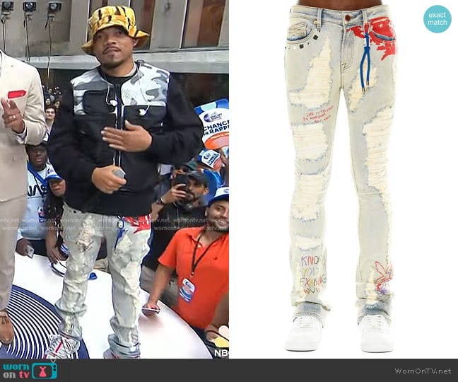 Cult of Individuality Lenny Distressed Bootcut Jeans in Iris worn by Chance the Rapper on Today