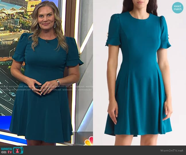 DKNY Ruffle Sleeve Crepe Fit & Flare Dress in Teal Glass worn by Emily West on Today