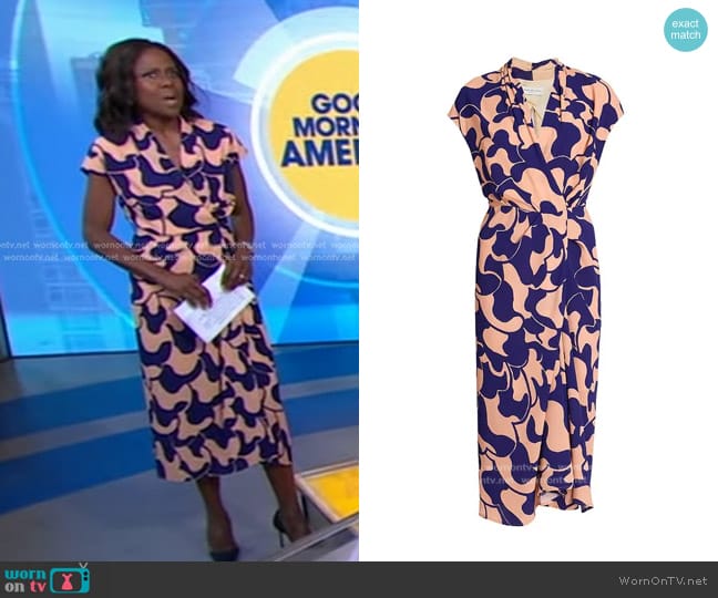 Dries Van Noten Dilian Printed Cap-Sleeve Midi-Dress in Purple worn by Deborah Roberts on Good Morning America