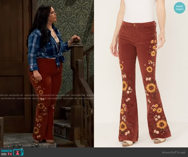 Lou’s brown sunflower flare pants on Bunkd