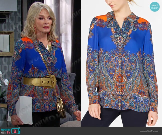 Elie Tahari Scarf-Print Paisley Long-Sleeve Blouse worn by Hattie Adams (Deidre Hall) on Days of our Lives