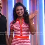 Emayatzy Corinealdi’s red striped short sleeve top and knit skirt on Good Morning America