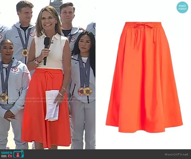 Essentiel Antwerp Drawstring Midi Skirt in Wild Strawberry worn by Savannah Guthrie on Today