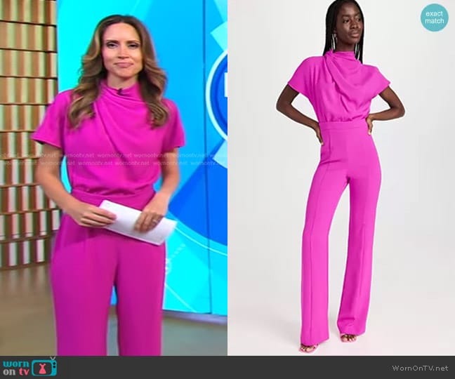 Black Halo Estella Jumpsuit in Vibrant Pink worn by Rhiannon Ally on Good Morning America