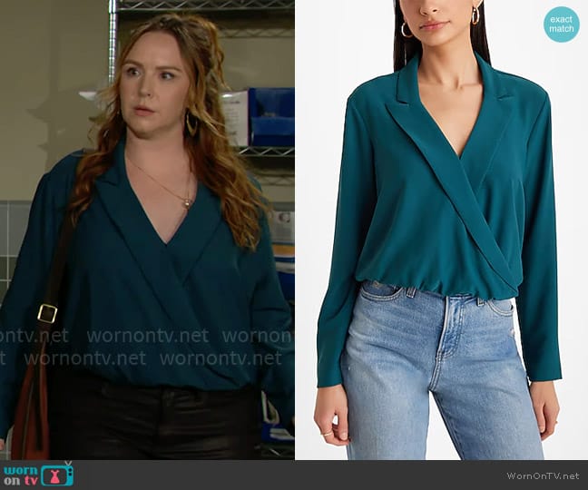 Express Collared V-Neck Long Sleeve Faux Wrap Front Top in Deep Teal worn by Mariah Copeland (Camryn Grimes) on The Young and the Restless