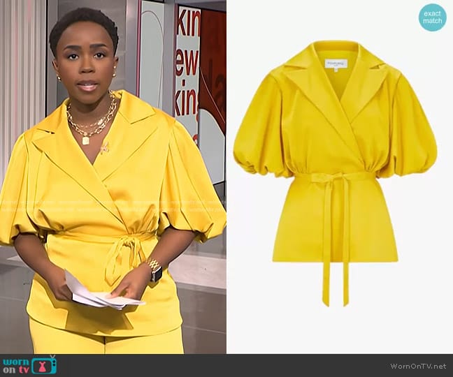 Femponiq Draped Sleeve Satin Blouse worn by Zinhle Essamuah on NBC News Daily