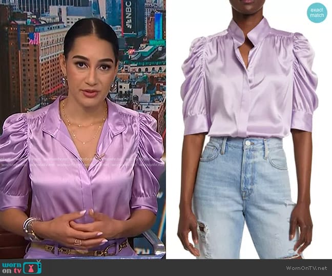 Frame Gillian Stretch Silk Blouse in Lilac worn by Morgan Radford on NBC News Daily