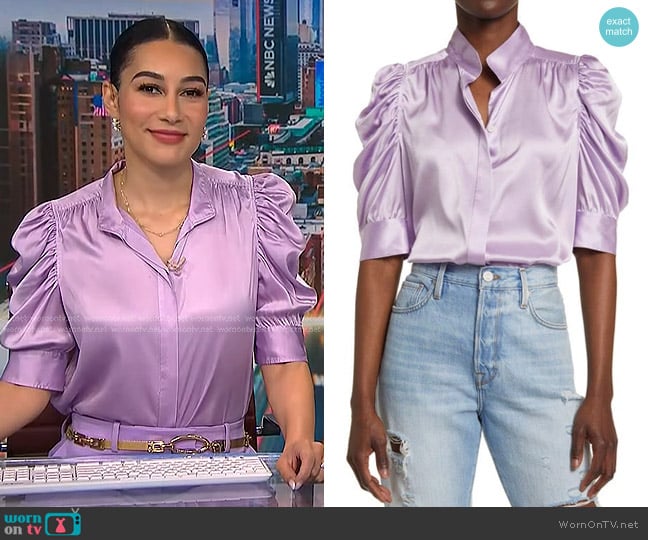 Frame Gillian Stretch Silk Blouse in Lilac worn by Morgan Radford on NBC News Daily