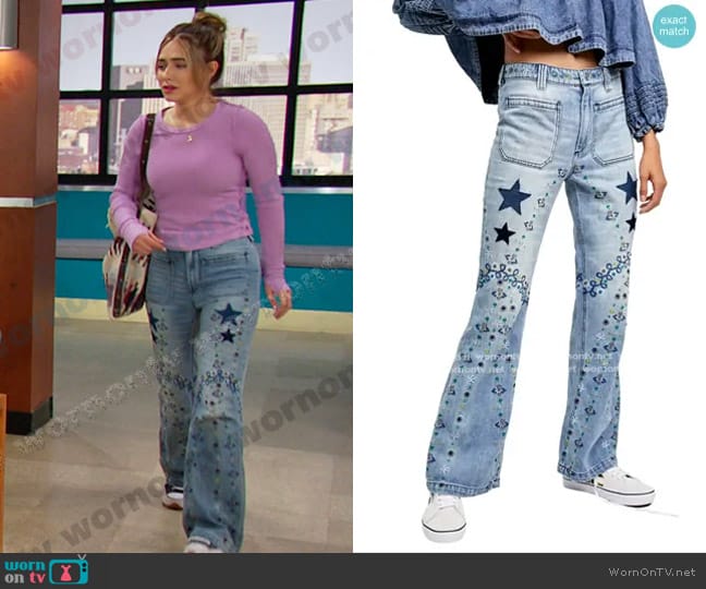 Free People Delphine Embroidered Flare Leg Jeans worn by Holly Jonas (Ashley Puzemis) on Days of our Lives