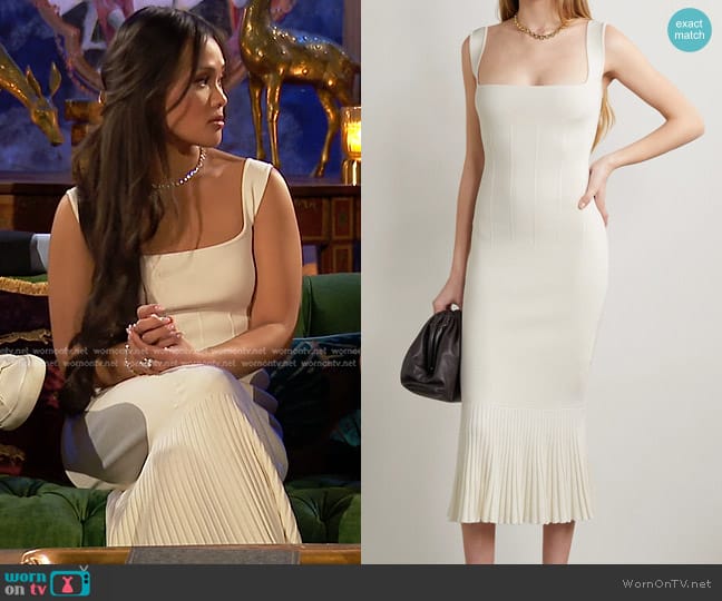 Galvan Atalanta Pleated Stretch-knit Midi Dress in Cream worn by Jenn Tran on The Bachelorette