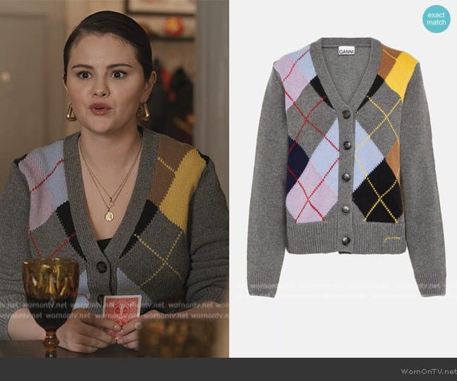 Ganni Gray Harlequin Cardigan worn by Mabel Mora (Selena Gomez) on Only Murders in the Building