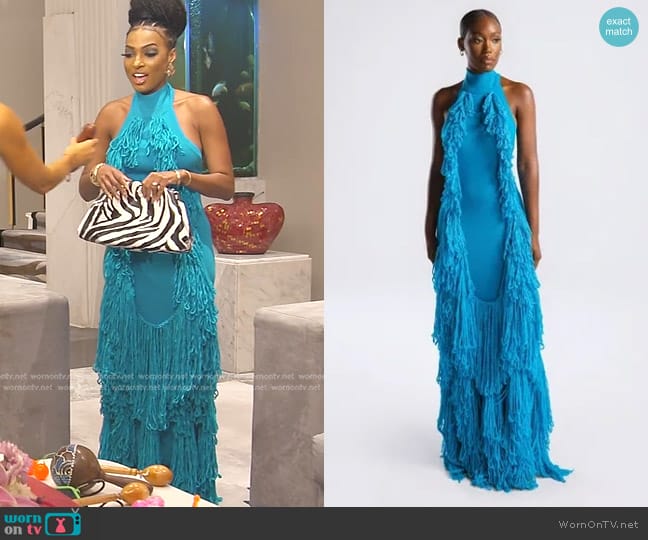 Hanifa Mina Tassel Knit Gown in Ocean Blue worn by Lesa Milan (Lesa Milan) on The Real Housewives of Dubai