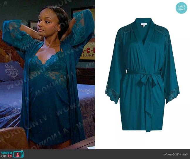 In Bloom by Jonquil Aegean Sea Lace-Embellished Robe in Deep Teal worn by Chanel Dupree (Raven Bowens) on Days of our Lives