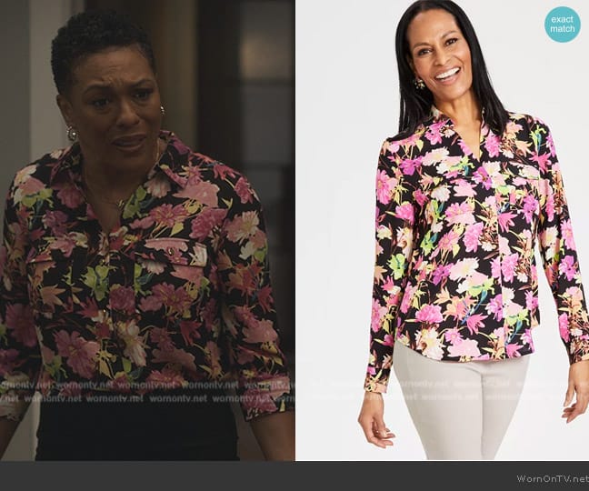 INC International Concepts Flap Pocket Printed Blouse worn by Aunty Vy (April Parker Jones) on Bel-Air