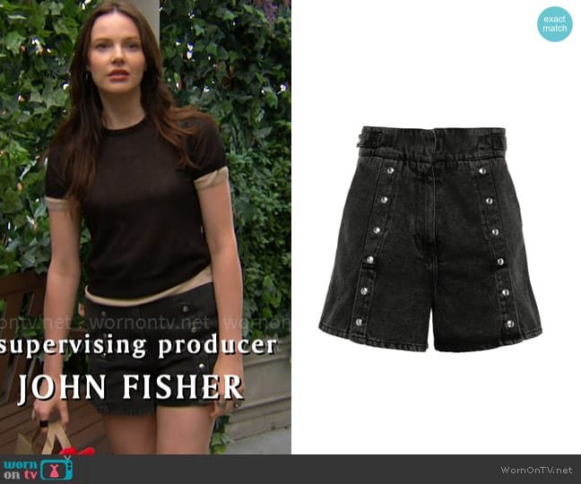 IRO Gennya denim shorts worn by Tessa Porter (Cait Fairbanks) on The Young and the Restless