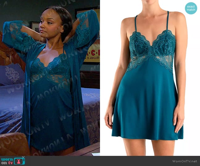 In Bloom by Jonquil Aegean Sea Lace Trim Chemise in Deep Teal worn by Chanel Dupree (Raven Bowens) on Days of our Lives