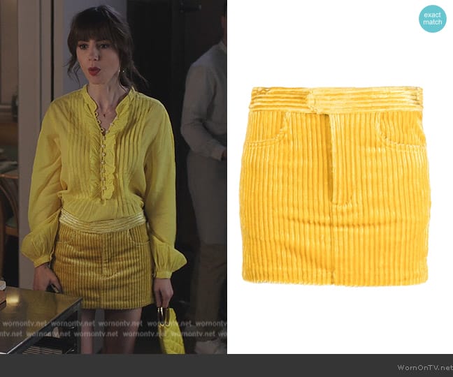 Isabel Marant Mid-rise corduroy miniskirt worn by Emily Cooper (Lily Collins) on Emily in Paris