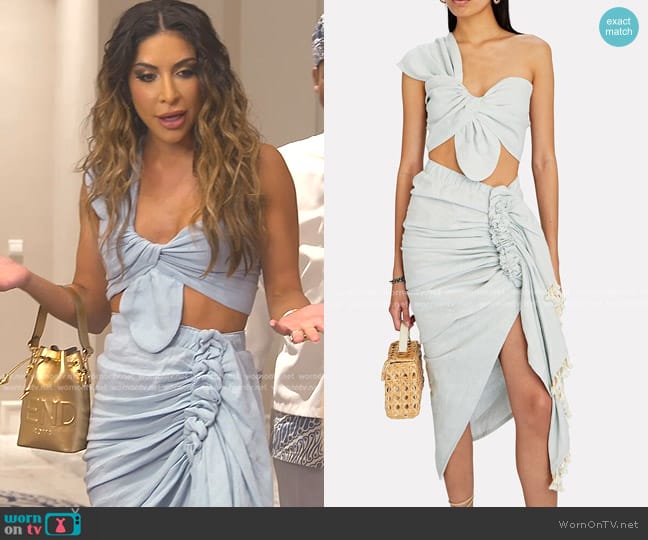 Just Bee Queen Sol Knotted One-Shoulder Crop Top and Tulum Skirt worn by Taleen Marie (Taleen Marie) on The Real Housewives of Dubai