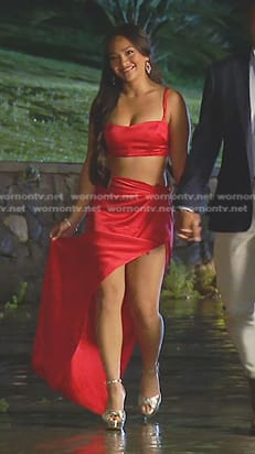 Jenn Tran's red cropped top and wrap skirt on The Bachelorette