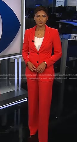 Jericka Duncan's red blazer and pant suit on CBS Evening News