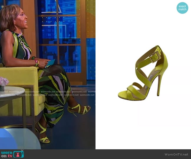 Jimmy Choo Xenia Strappy Sandals in Lemon worn by Robin Roberts on Good Morning America