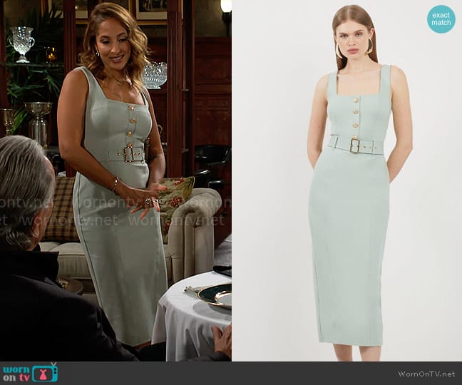 Karen Millen Belted Detail Ponte Jersey Strappy Midi Dress in Sage worn by Lily Winters (Christel Khalil) on The Young and the Restless