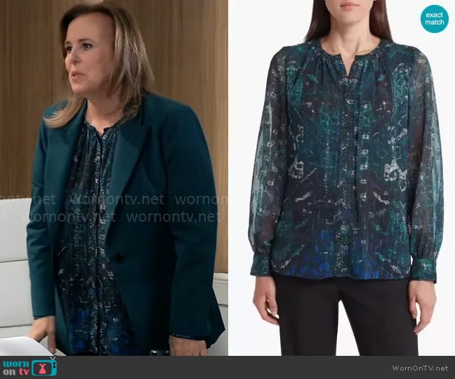 Kobi Halperin Shai Blouse in Sea Moss worn by Laura Collins (Genie Francis) on General Hospital